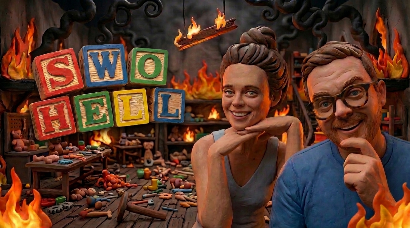 Allan and Charlie in a burning toy factory — claymation style